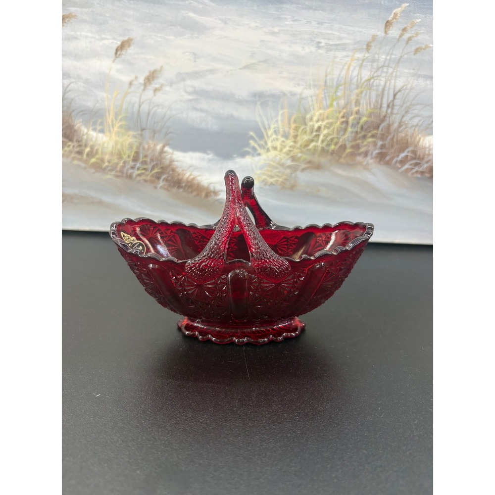 Fenton Ruby Red Glass Basket Daisy and Button Double Handle Vintage Decor